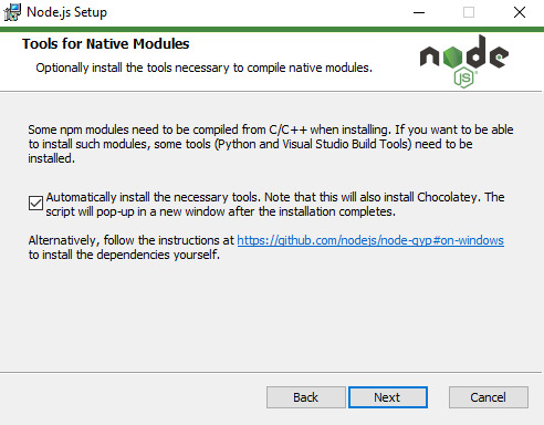 Janela de configuração do Node.js exibindo a opção de instalação de ferramentas para módulos nativos, incluindo a instalação automática do Chocolatey.